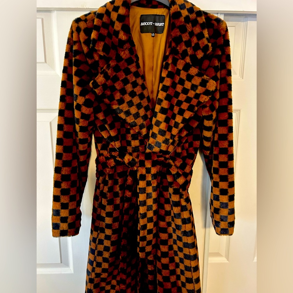 Super fun ASCOT + HART Women’s Checkered Brown and Black Faux Fur belted coat.